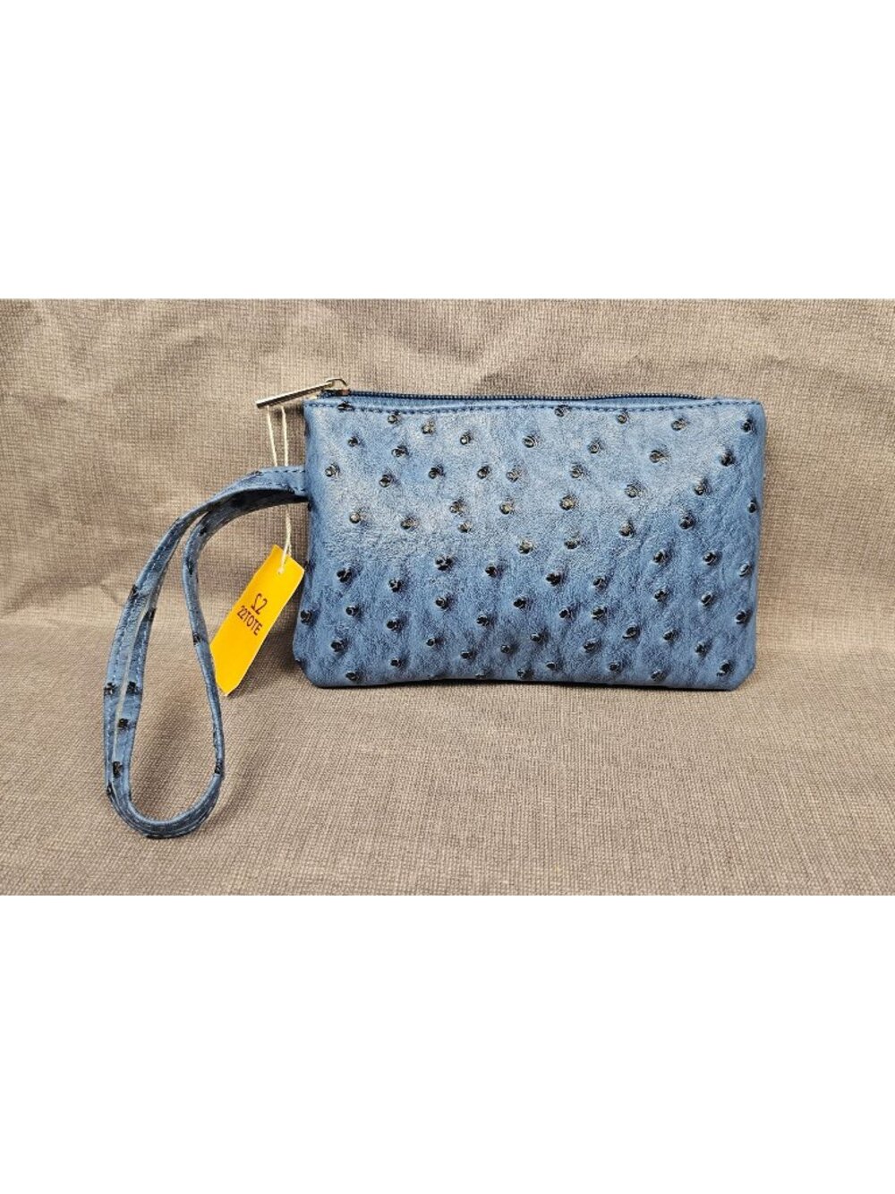 Blue Faux Ostrich Leather Wristlet Purse With Polka Dot Lining & Zip Closure 7.5